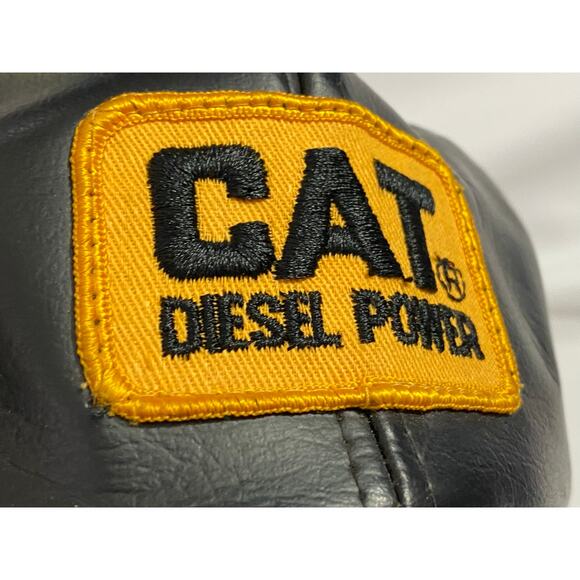 VTG CAT Diesel Power Leather Hat Black Yellow Patch Adjustable - Picture 2 of 9